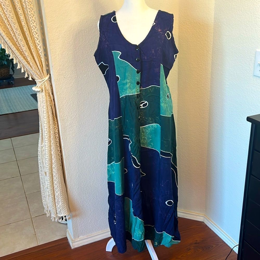 Super Cute Tie-Dyed and Patterned Sleeveless Button Front Tank Maxi Dress ~ XL